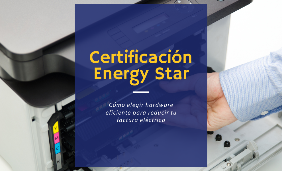 Etiqueta de certificación Energy Star en una impresora profesional eficiente.